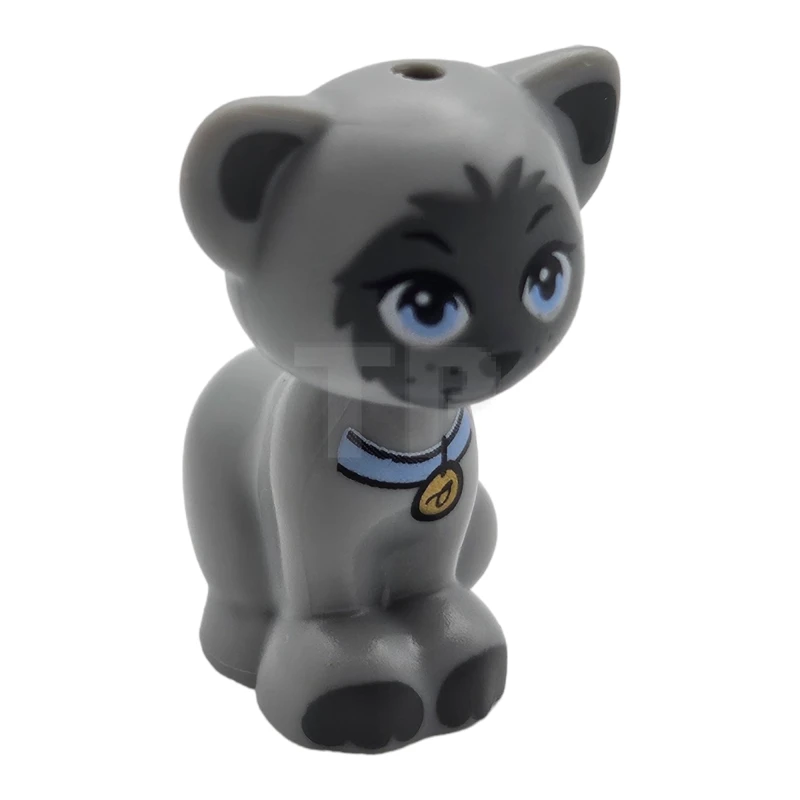 LEGO&reg; 6416450 - 11602pb13 - Kat, Friends / Elfen, zittend met heldere lichtblauwe ogen en halsband met gouden label, zwarte neus, donkergrijze oren en vlekkenpatroon (Gertrude)