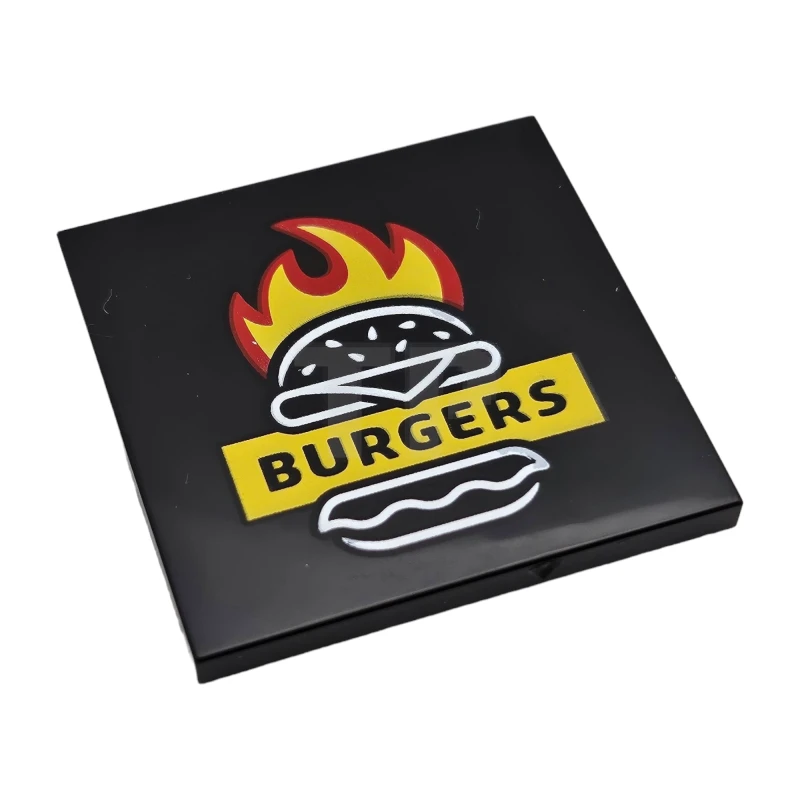 LEGO&reg; 6469346 - 1751pb012 - Tile 4 x 4 with Red and Yellow Flames, White Burger Outline and 'BURGERS' Pattern