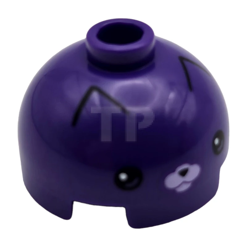 LEGO&reg; 553pb048 - 6447119 - Brick, Round 2 x 2 Dome Top with Bottom Axle Holder - Vented Stud with Cat Face, Black Eyes, Nose, and Pointed Ear Outlines, Lavender Muzzle Pattern