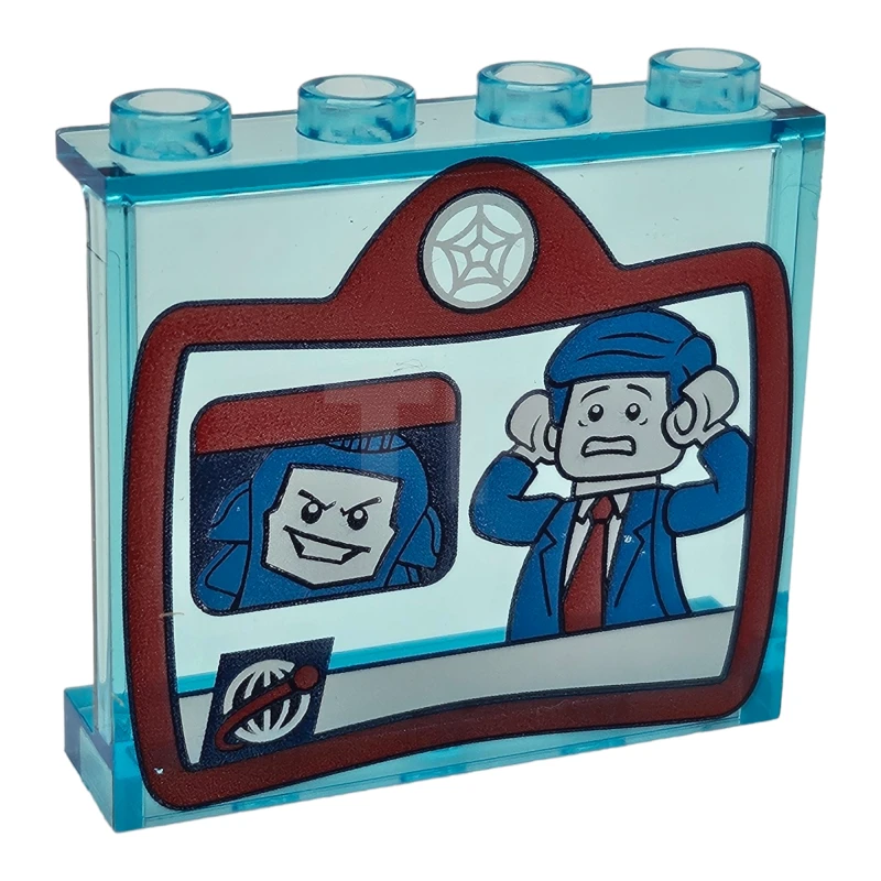 LEGO&reg; 6473013 - 60581pb257 - Panel 1 x 4 x 3 with Side Supports - Hollow Studs with Zola and News Anchor on Screen with Red Border and White Spider Web Pattern