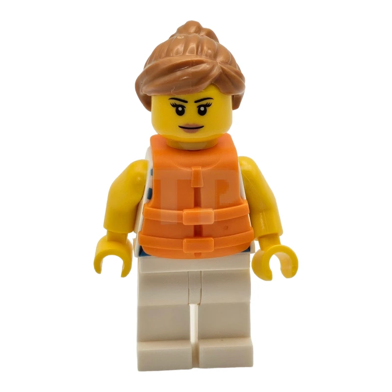 LEGO&reg; idea098 Marin - Femme, chemise rayée azur foncé et blanc avec écharpe rouge, jambes blanches, queue de cheval moyenne en nougat, gilet de sauvetage orange.