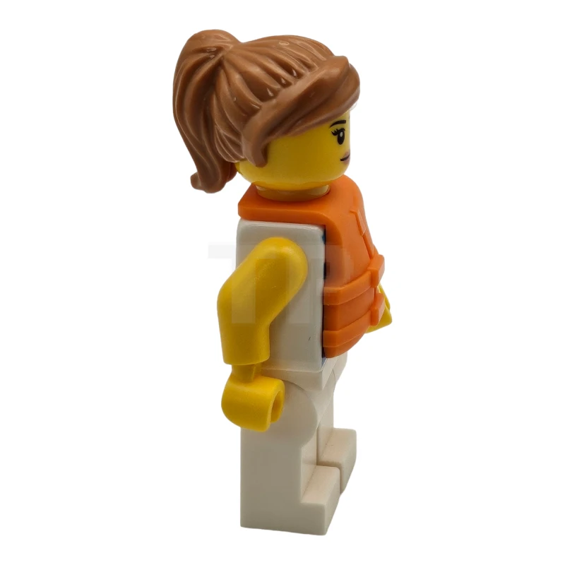 LEGO&reg; idea098 Marin - Femme, chemise rayée azur foncé et blanc avec écharpe rouge, jambes blanches, queue de cheval moyenne en nougat, gilet de sauvetage orange.
