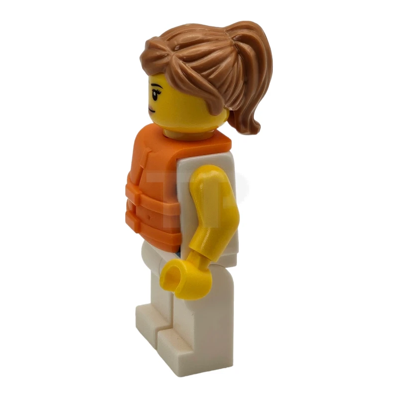 LEGO&reg; idea098 Marin - Femme, chemise rayée azur foncé et blanc avec écharpe rouge, jambes blanches, queue de cheval moyenne en nougat, gilet de sauvetage orange.