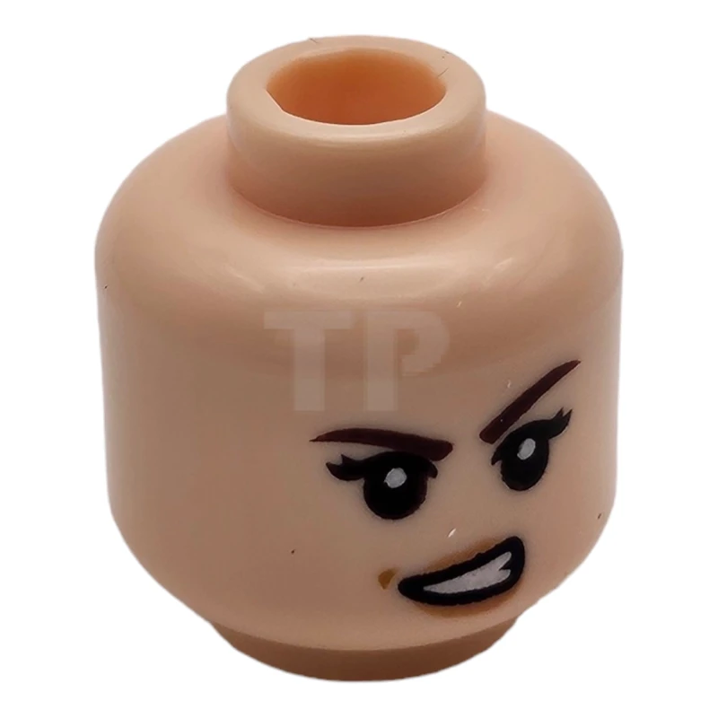 LEGO&reg; 6252374 - 3626cpb2293 - Minifigure, Head Dual Sided Female Dark Brown Eyebrows, Black Eyelashes, Nougat Lips, Medium Nougat Dimples, Lopsided Grin / Angry Open Mouth Scowl with Teeth Pattern - Hollow Stud