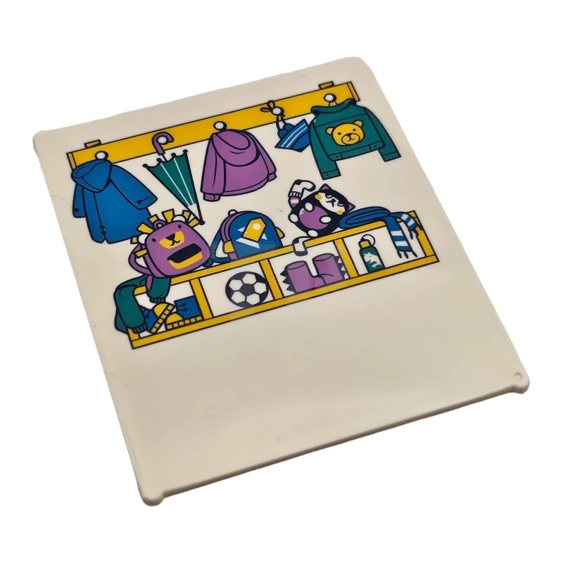 LEGO&reg; 6481558 - 42509pb10 - Glass for Window 1 x 6 x 6 Flat Front with Dark Azure, Dark Turquoise, Medium Lavender and Yellow Coats, Jackets, Umbrella, School Bags, Shoes and Soccer Ball Pattern