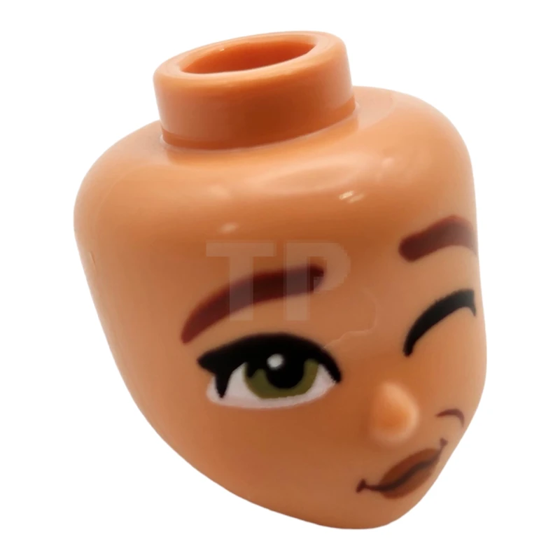LEGO&reg; 6476617 - 107102 - Mini Doll, Head Friends with Reddish Brown Eyebrows, Olive Green Eyes, Left Wink, Dark Orange Lips, Wavy Grin with Dimple Pattern
