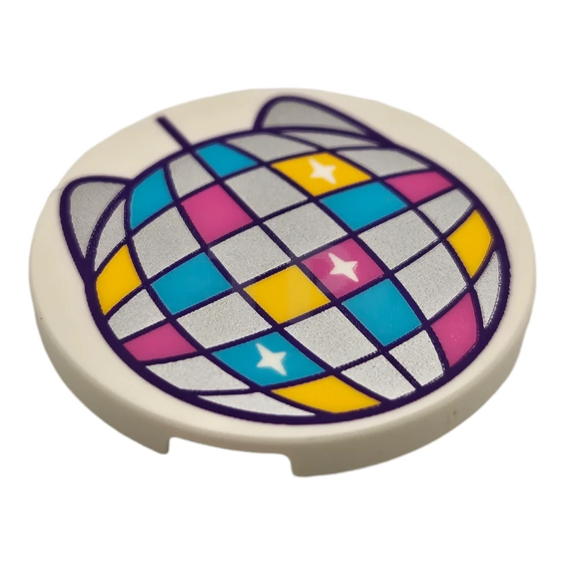 LEGO&reg; 6483595 - 67095pb071 - Tile, Round 3 x 3 with Dark Purple Disco Ball with Silver, Medium Azure, Dark Pink and Yellow Sections, Sparkles and Cat Ears Pattern