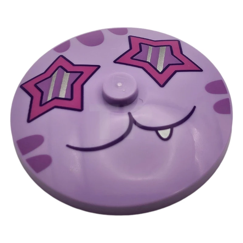LEGO&reg; 6512892 - 3960pb078 - Dish 4 x 4 Inverted (Radar) with Solid Stud with Cat Face with Dark Pink Star Shaped Eyes, Medium Lavender Stripes and Dark Purple Closed Mouth with Tooth Pattern