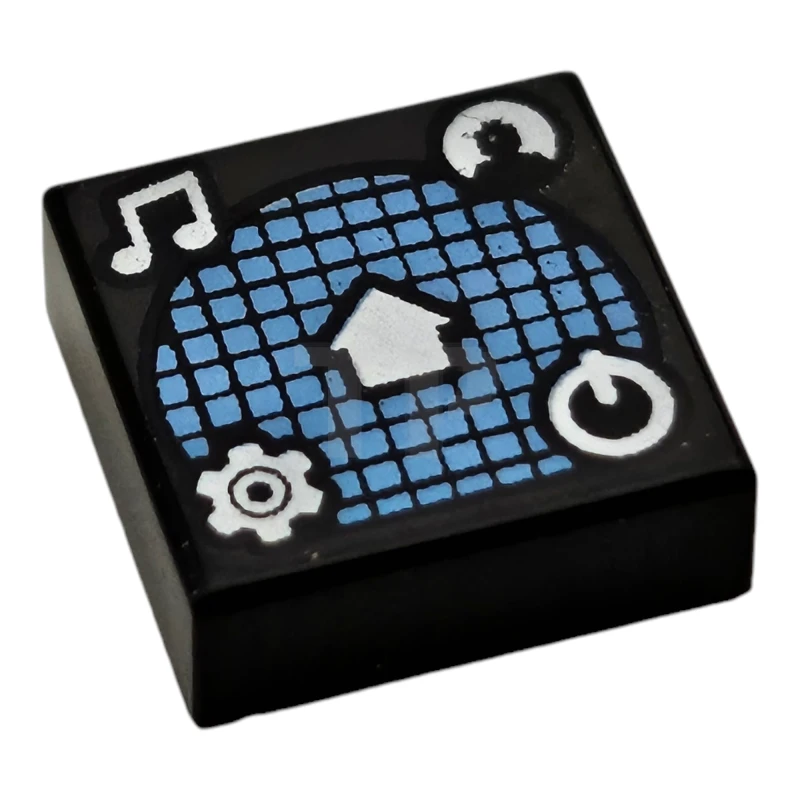 LEGO&reg; 6472286 - 3070pb362 - Tile 1 x 1 with White Music Notes, Minifigure Profile, Gear, Power Icon, and Home Button on Medium Blue Grid Pattern