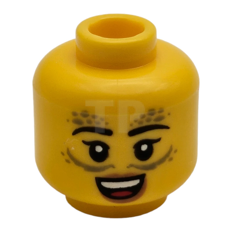 LEGO&reg; 6483301 - 28621pb0357 - Minifigure, Head Dual Sided Female Black Eyebrows, Olive Green Spots and Lines, Medium Nougat Lips, Angry Frown / Open Mouth Smile Pattern - Vented Stud