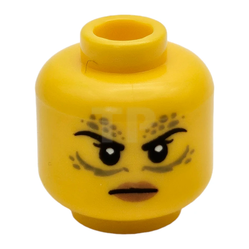 LEGO&reg; 6483301 - 28621pb0357 - Minifigure, Head Dual Sided Female Black Eyebrows, Olive Green Spots and Lines, Medium Nougat Lips, Angry Frown / Open Mouth Smile Pattern - Vented Stud
