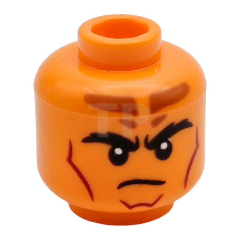 LEGO&reg; 6483271 - 28621pb0359 - Minifigure, Head Dual Sided Black Bushy Eyebrows, Dark Orange Forehead Markings, Dark Red Contour Lines, Lopsided Grin / Frown Pattern - Vented Stud