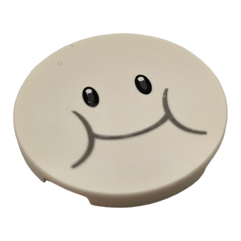 LEGO&reg; 67095pb074 - 6483012 - Tile, Round 3 x 3 with Black Eyes, Dark Bluish Gray Smile and Cheeks Pattern (Super Mario Lakitu Cloud Face)