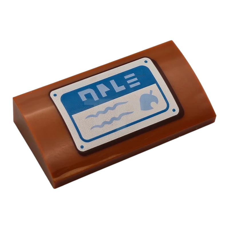 LEGO&reg; 6469566 - 88930pb171 - Slope, Curved 2 x 4 x 2/3 with Bottom Tubes with White and Dark Azure Sign with Medium Blue Text and Leaf Pattern (Animal Crossing Drop-Off Box)