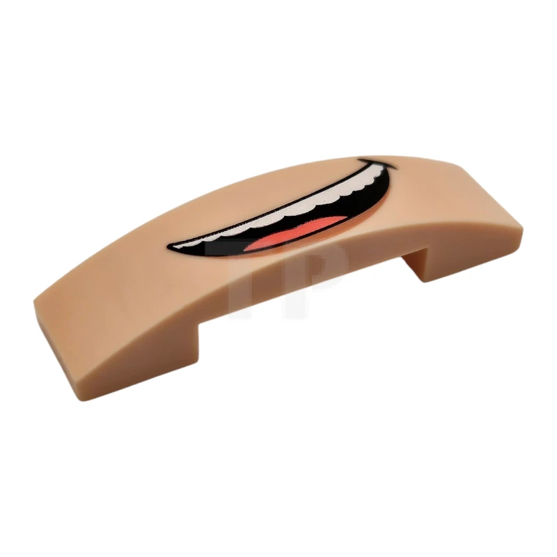 LEGO&reg; 93273pb217 - 6485661 - Slope, Curved 4 x 1 x 2/3 Double with Black Lopsided Open Mouth Smile with Top Teeth and Coral Tongue Pattern