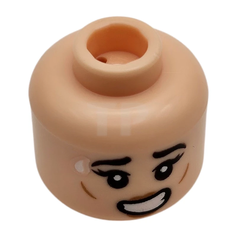 LEGO&reg; 6488710 - 28621pb0258 - Minifigure, Head Dual Sided Female Black Eyebrows, Medium Nougat Lips, Open Mouth with Teeth, Grin / Frown, Lime Eyes, Bright Green Mask, White Lightning Bolts Pattern - Vented Stud