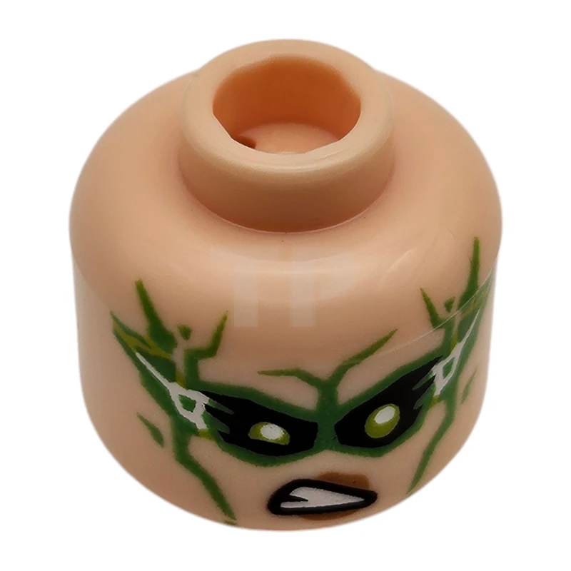 LEGO&reg; 6488710 - 28621pb0258 - Minifigure, Head Dual Sided Female Black Eyebrows, Medium Nougat Lips, Open Mouth with Teeth, Grin / Frown, Lime Eyes, Bright Green Mask, White Lightning Bolts Pattern - Vented Stud