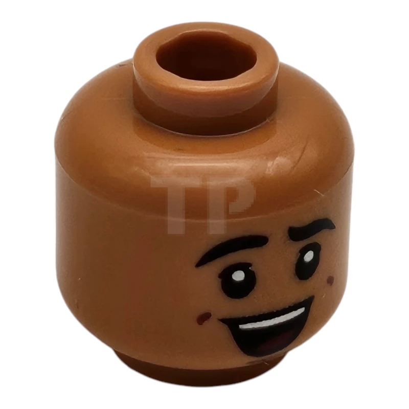 LEGO&reg; 6440647 - 28621pb0101 - Minifigure, Head Dual Sided Black Eyebrows, Reddish Brown Dimples, Lopsided Open Mouth Smile with Teeth / Laughing with Dark Red Tongue Pattern - Vented Stud