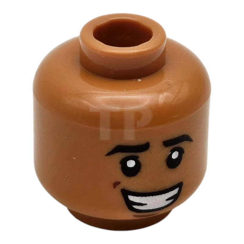 LEGO&reg; 6440647 - 28621pb0101 - Minifigure, Head Dual Sided Black Eyebrows, Reddish Brown Dimples, Lopsided Open Mouth Smile with Teeth / Laughing with Dark Red Tongue Pattern - Vented Stud