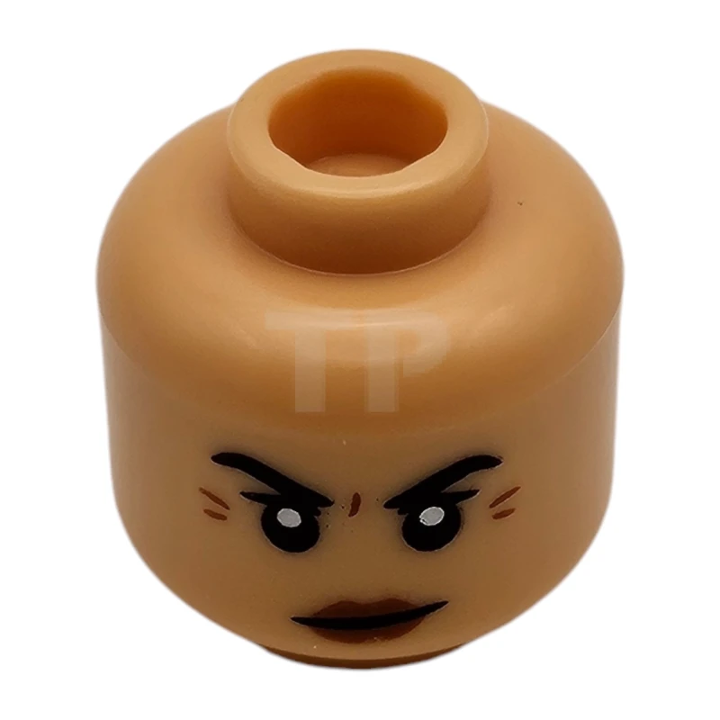 LEGO&reg; 6485999 - 28621pb0281 - Minifigure, Head Dual Sided Female Black Eyebrows Raised, Dark Orange Wrinkles and Lips, Mouth Closed Angry / Open Smile with White Teeth Pattern - Vented Stud