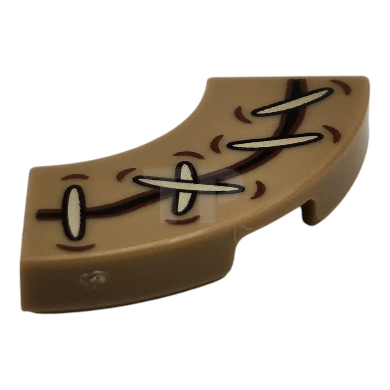 LEGO&reg; 6467909 - 27925pb015 - Tile, Round Corner 2 x 2 Macaroni with Dark Brown Line / Tear with White Stitches and Reddish Brown Stitch Holes Pattern