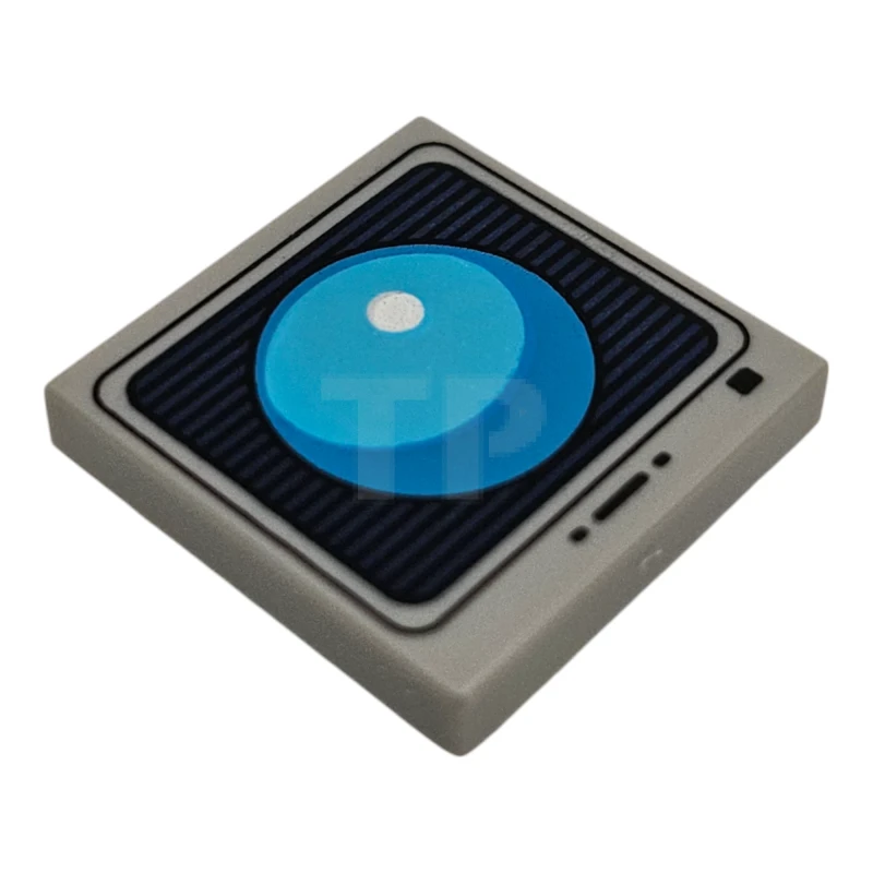 LEGO&reg; 6478993 - 11203pb118 - Tile, Modified 2 x 2 Inverted with Medium Azure and Dark Azure Sphere on Black and Dark Blue Striped Screen with Buttons Pattern (Sonic the Hedgehog Shield Item Box)