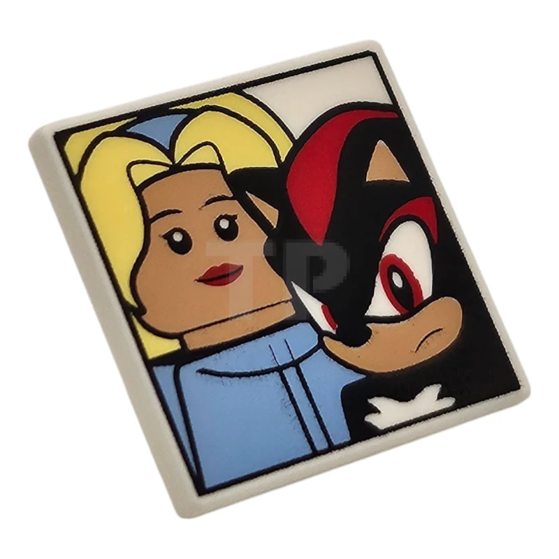 LEGO&reg; 6478989 - 15210pb179 - Road Sign 2 x 2 Square with Open O Clip with Maria Robotnik and Shadow the Hedgehog Minifigures Pattern