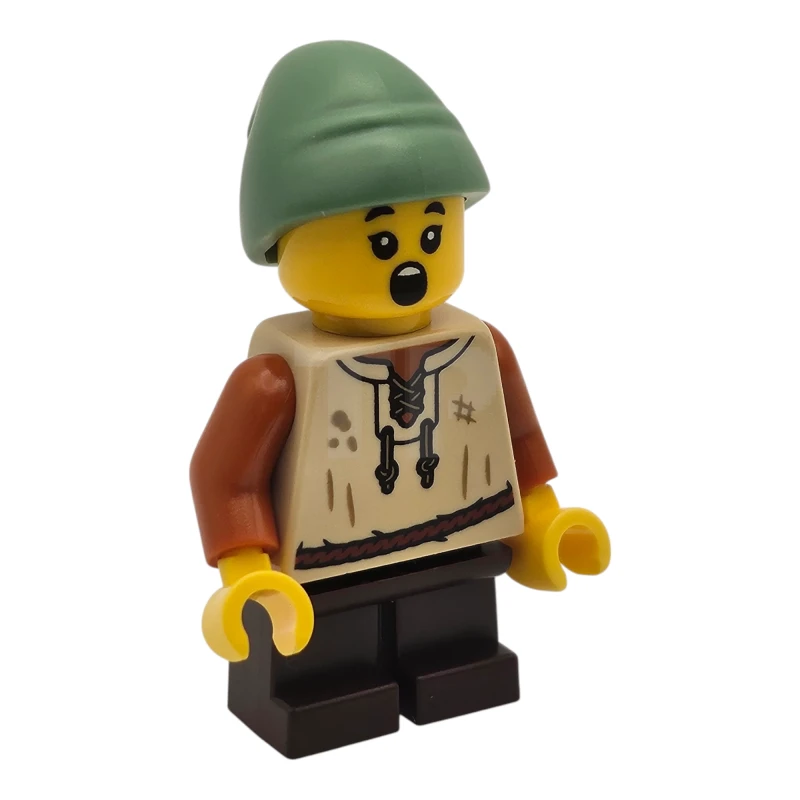 LEGO&reg; cas584 Bauernjunge - Tan Weste, dunkelbraune kurze Beine, sandgrüner Schlapphut