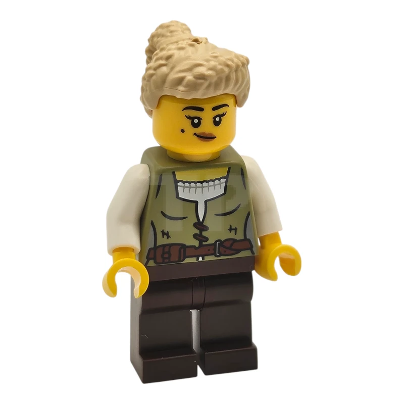LEGO&reg; cas582 Carpenter - Female, Olive Green Vest, Dark Brown Legs, Tan Coiled Hair Ponytail