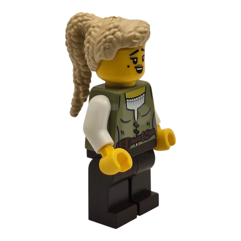 LEGO&reg; cas582 Carpenter - Female, Olive Green Vest, Dark Brown Legs, Tan Coiled Hair Ponytail