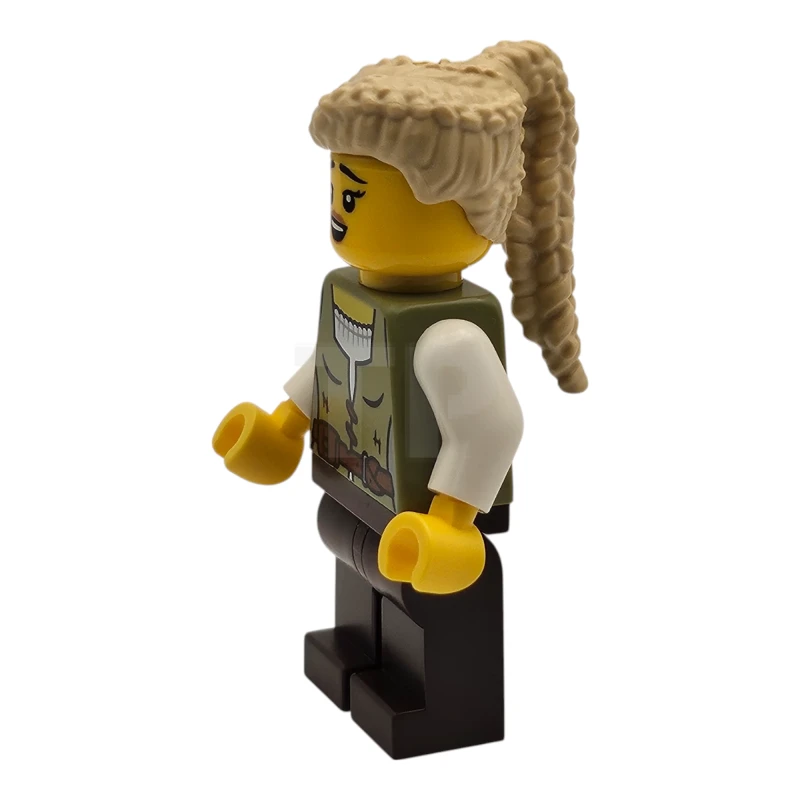 LEGO&reg; cas582 Carpenter - Female, Olive Green Vest, Dark Brown Legs, Tan Coiled Hair Ponytail
