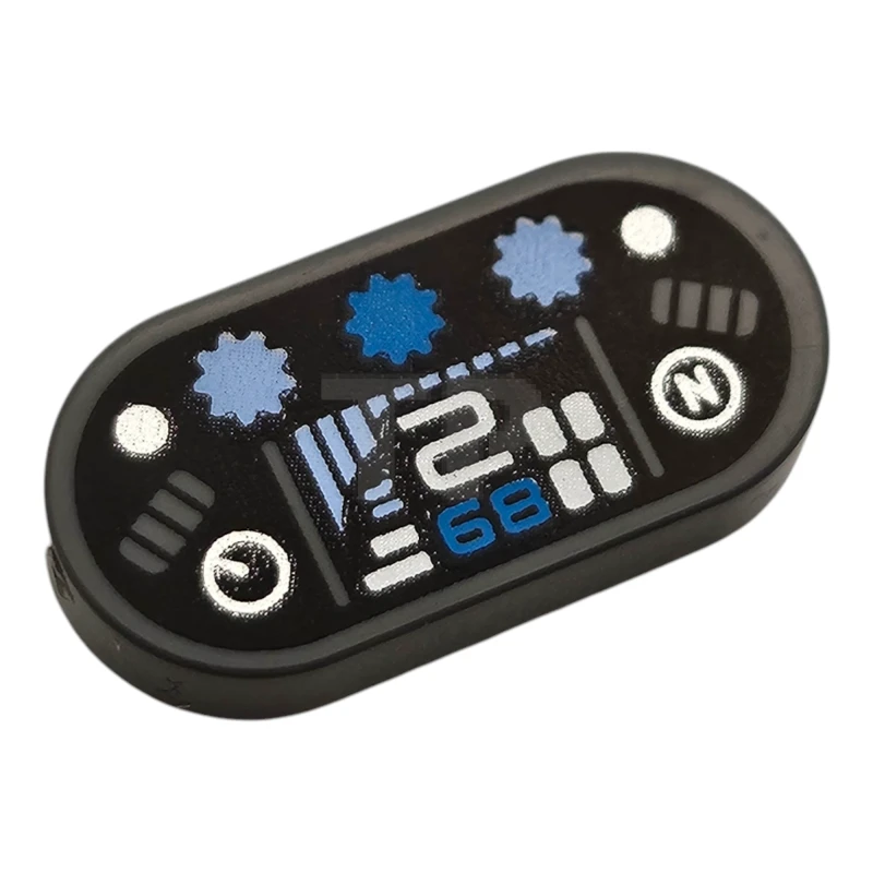 LEGO&reg; 1126pb008 - 6521220 - Tile, Round 1 x 2 Oval with Dashboard with Dark Azure '89' / '68', White Number 2, Silver Capital Letter N in Circle, Dots and Gauge, Bright Light Blue Bar Graph and Lights on Black Background Pattern