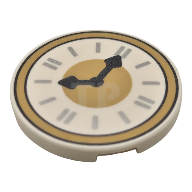 LEGO&reg; 6489722 - 67095pb075 - Tile, Round 3 x 3 with Clock Face with Tan Border, Dark Silver Hands, and Silver Time Indicators Pattern