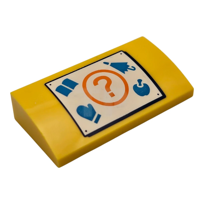 LEGO&reg; 6489724 - 88930pb177 - Slope, Curved 2 x 4 x 2/3 with Bottom Tubes with White Sign, Orange Question Mark, Dark Azure Book, Umbrella, Mitten, and Apple Pattern (Animal Crossing Recycle Bin)