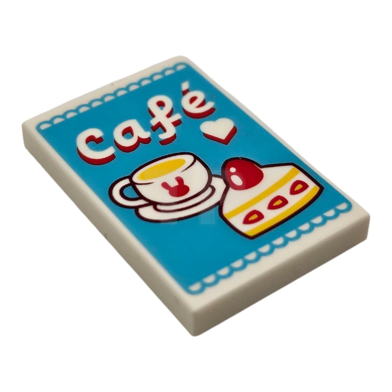 LEGO&reg; 6489721 - 26603pb429 - Tile 2 x 3 with Coffee Cup, Cake and 'Café' Pattern