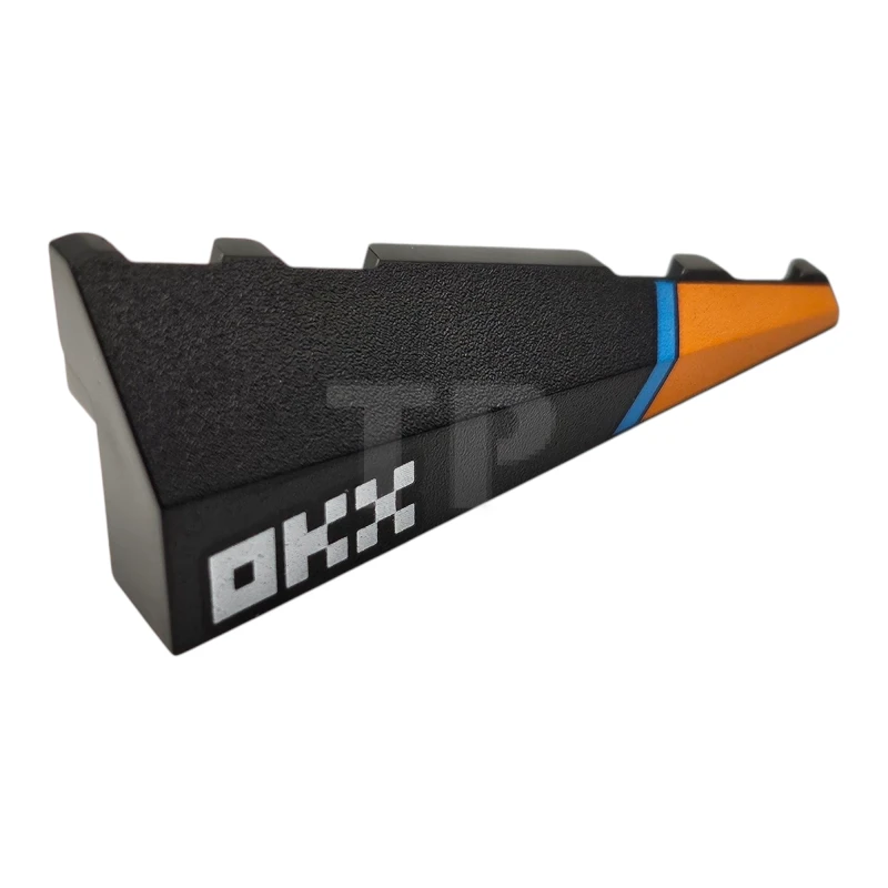 LEGO&reg; 6483755 - 3504pb01 - Wedge 5 x 2 Left with Orange and Dark Azure Stripes and White 'OKX' Logo Pattern