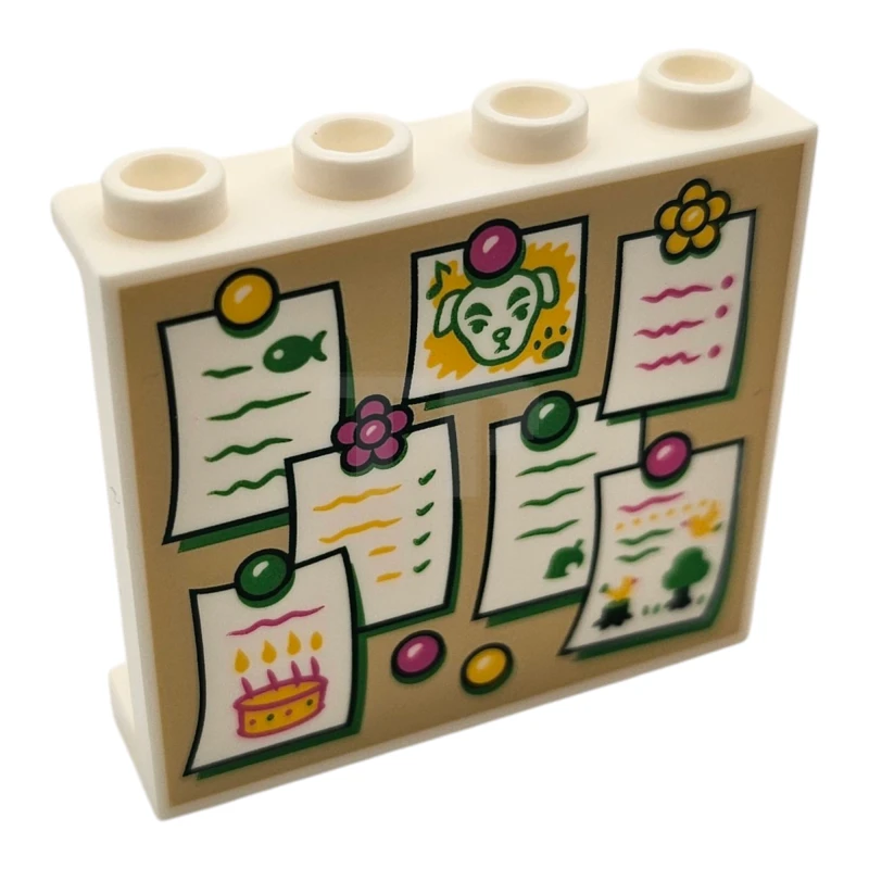 LEGO&reg; 6489720 - 60581pb260 - Panel 1 x 4 x 3 with Side Supports - Hollow Studs with Tan Bulletin Board, White Notes with Bright Green, Dark Pink and Yellow Pins, and Animal Crossing K.K. Slider Pattern