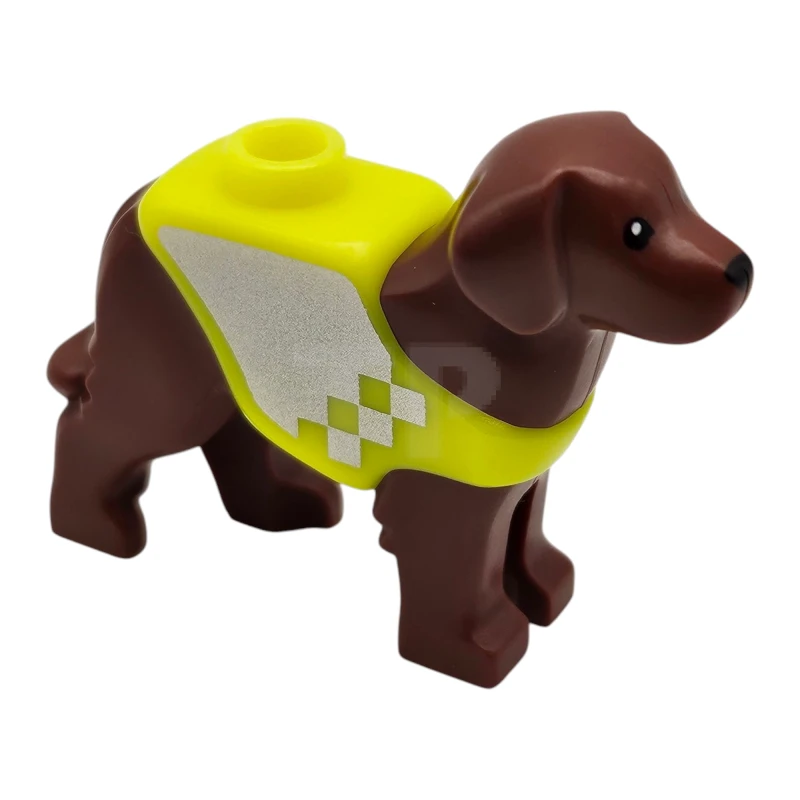 LEGO&reg; 6569561 - 105143pb03 - Dog, Labrador / Rescue Dog with Molded Neon Yellow Vest and Printed Silver Panel and Squares Pattern