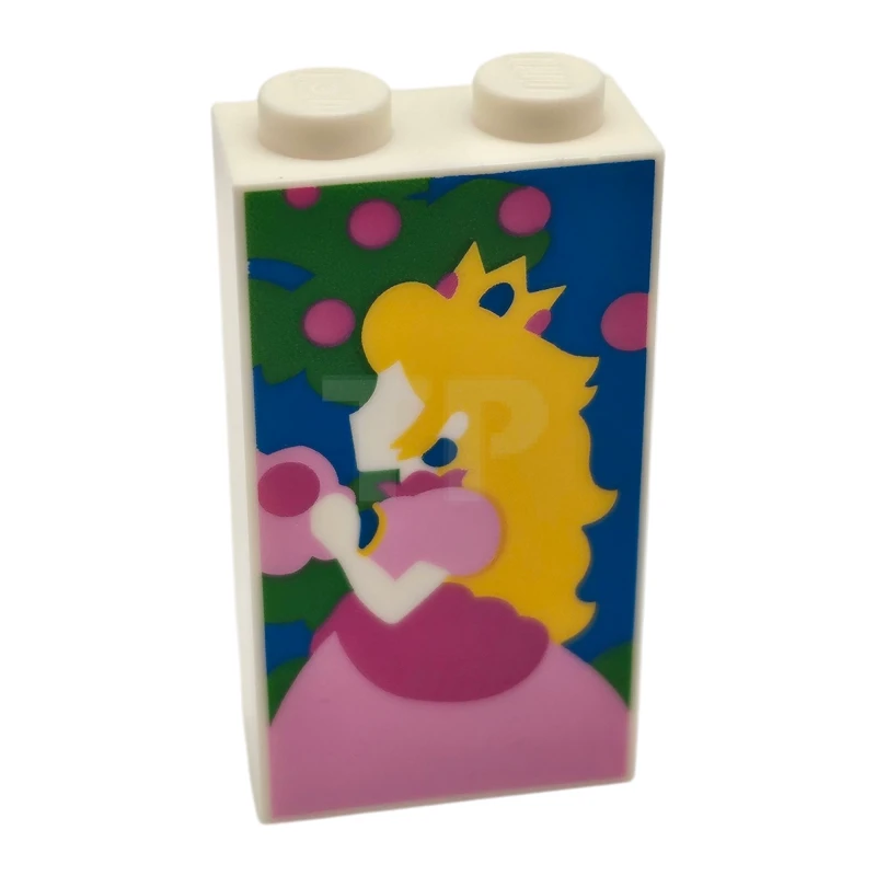 LEGO&reg; 6482838 - 22886pb34 - Brick 1 x 2 x 3 with Bright Green Tree and Princess Peach with Yellow Hair and Crown, Bright Pink and Dark Pink Dress on Dark Azure Background Pattern