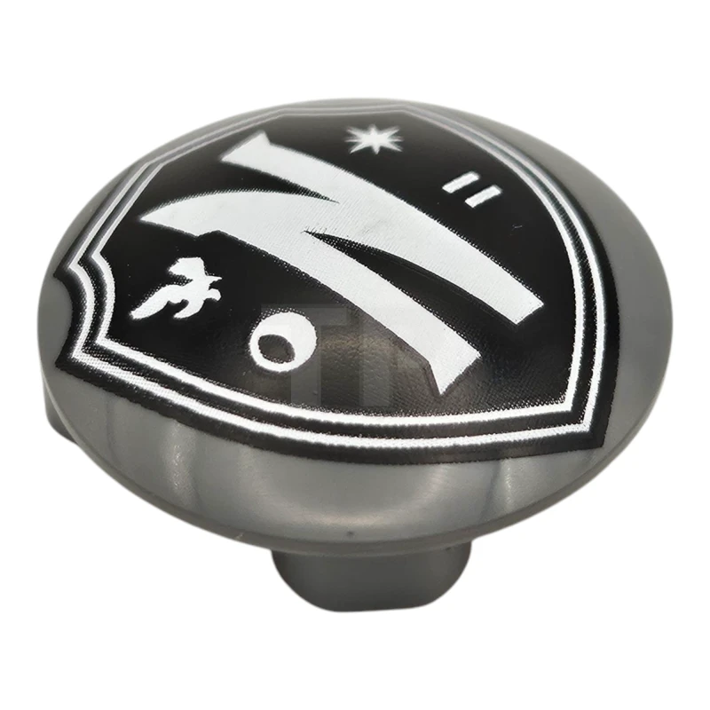 LEGO&reg; 6501568 - 2654pb028 - Plate, Round 2 x 2 with Rounded Bottom (Boat Stud) with Black Nevermore Academy Shield Emblem with White Border, Letter N, Raven, Moon, Star, and Equal Sign Pattern