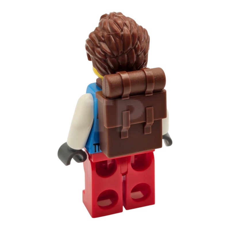 LEGO&reg; hol330 Toerist - Man, donker azuurblauw jack, rode benen met donkerrode strepen op de knieën, roodbruin geveegd haar, sproeten, rugzak