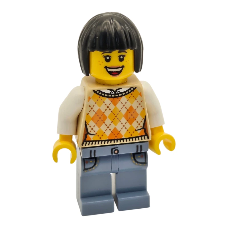 LEGO&reg; hol329 Tourist - Female, Tan Knit Argyle Sweater Vest, Sand Blue Legs with Pockets, Black Bob Cut Hair, Freckles