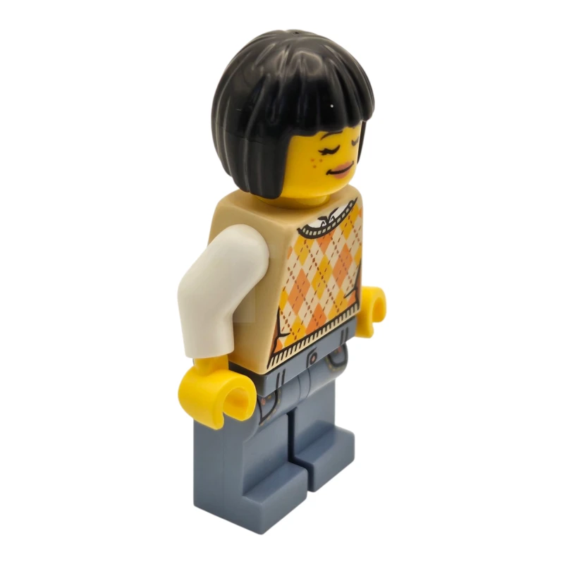 LEGO&reg; hol329 Tourist - Female, Tan Knit Argyle Sweater Vest, Sand Blue Legs with Pockets, Black Bob Cut Hair, Freckles