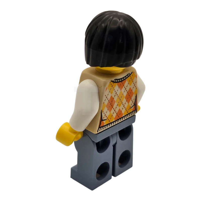 LEGO&reg; hol329 Tourist - Female, Tan Knit Argyle Sweater Vest, Sand Blue Legs with Pockets, Black Bob Cut Hair, Freckles