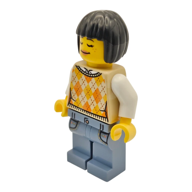 LEGO&reg; hol329 Tourist - Female, Tan Knit Argyle Sweater Vest, Sand Blue Legs with Pockets, Black Bob Cut Hair, Freckles