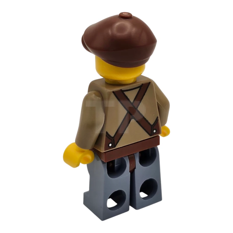 LEGO&reg; hol328 Lodge Eigenaar - Man, donkerbruin shirt met roodbruin schort, zandblauwe benen, roodbruine platte pet, snor, bril
