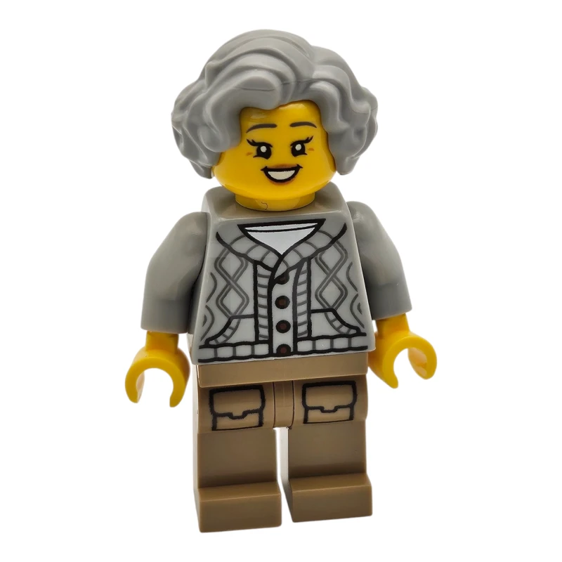 LEGO&reg; hol326 Lodge Eigenaar - Vrouw, Licht Blauwachtig Grijs Gebreid Vest met Kabel, Donkerbruine Benen met Zakken, Golvend Haar