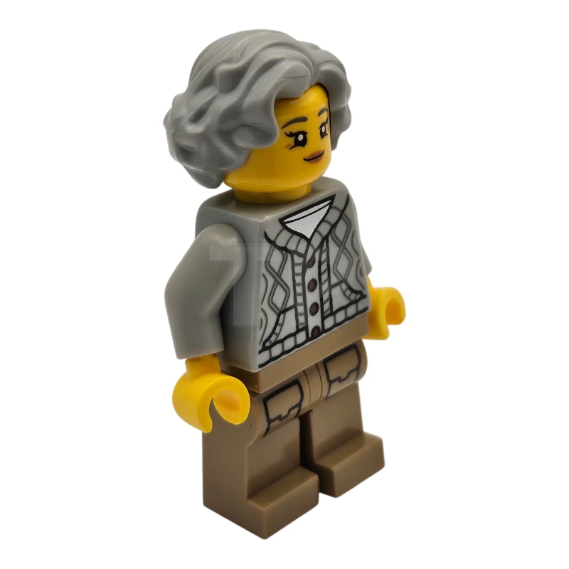 LEGO&reg; hol326 Lodge Eigenaar - Vrouw, Licht Blauwachtig Grijs Gebreid Vest met Kabel, Donkerbruine Benen met Zakken, Golvend Haar