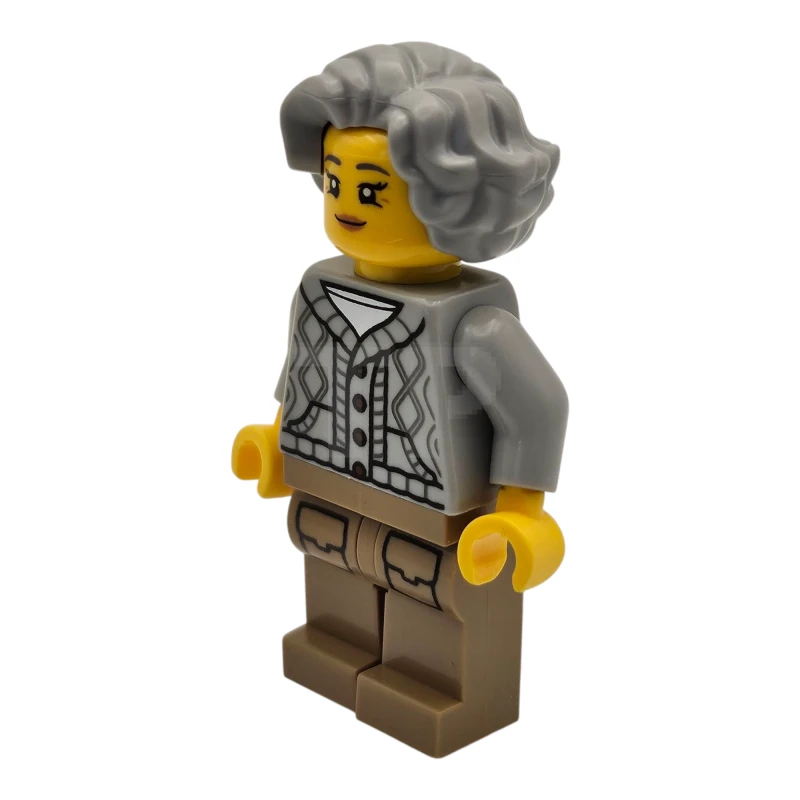LEGO&reg; hol326 Lodge Eigenaar - Vrouw, Licht Blauwachtig Grijs Gebreid Vest met Kabel, Donkerbruine Benen met Zakken, Golvend Haar