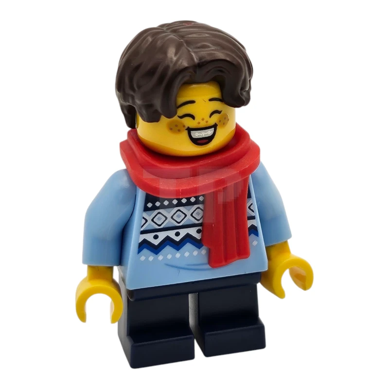 LEGO&reg; hol327 Kind - meisje, helder lichtblauw gebreide Fair Isle trui, donkerblauwe korte benen, donkerbruin haar, sproeten, rode sjaal